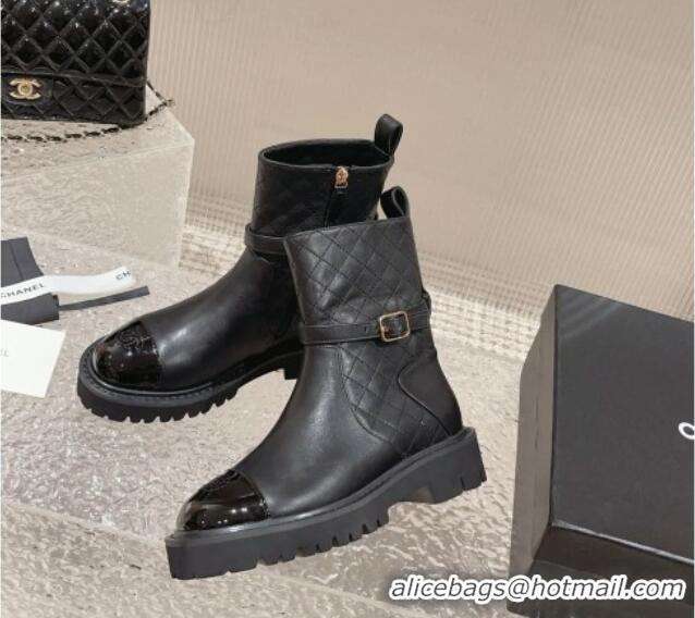 Best Luxury Chanel Quilted Lambskin and Patent Calfskin Ankle Boots with Buckle Black 809112