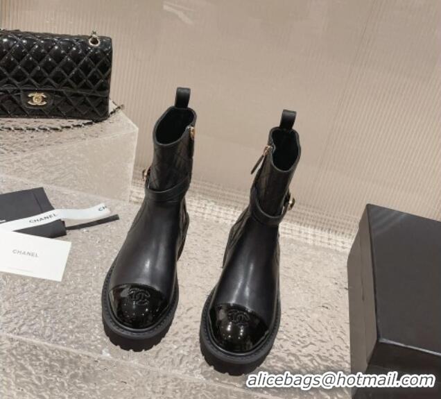 Best Luxury Chanel Quilted Lambskin and Patent Calfskin Ankle Boots with Buckle Black 809112