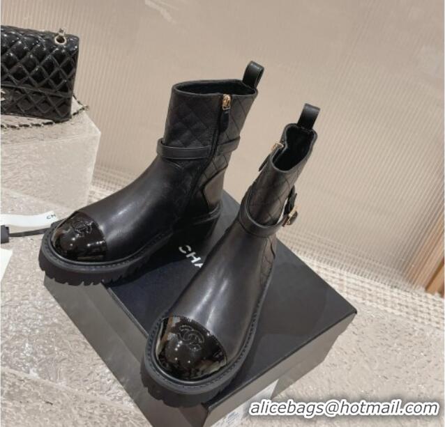 Best Luxury Chanel Quilted Lambskin and Patent Calfskin Ankle Boots with Buckle Black 809112