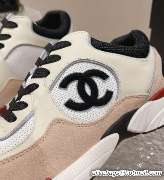 Low Price Chanel Calfskin, Suede and Mesh Sneakers with CC Nude/White 809113