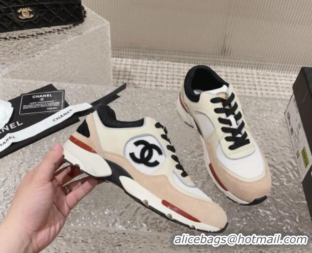 Low Price Chanel Calfskin, Suede and Mesh Sneakers with CC Nude/White 809113