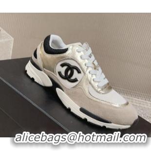 Refined Chanel Calfskin, Suede and Mesh Sneakers with CC Gold/Grey 809114