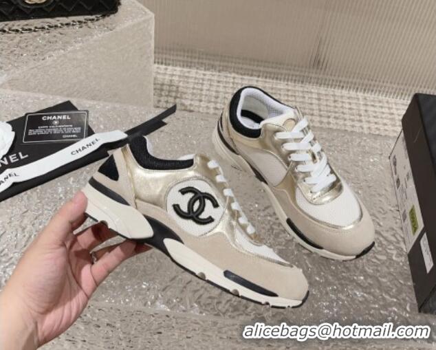 Refined Chanel Calfskin, Suede and Mesh Sneakers with CC Gold/Grey 809114