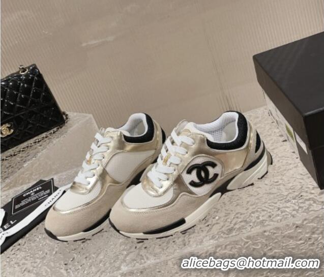 Refined Chanel Calfskin, Suede and Mesh Sneakers with CC Gold/Grey 809114