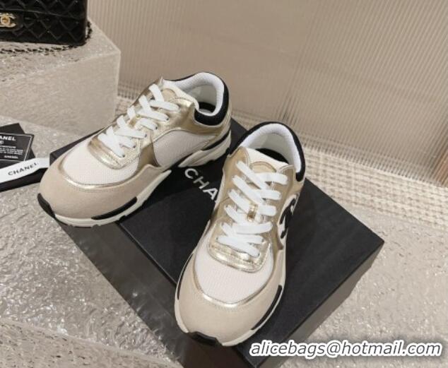 Refined Chanel Calfskin, Suede and Mesh Sneakers with CC Gold/Grey 809114