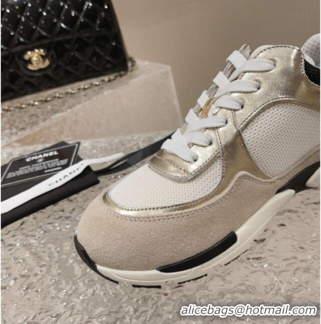 Refined Chanel Calfskin, Suede and Mesh Sneakers with CC Gold/Grey 809114