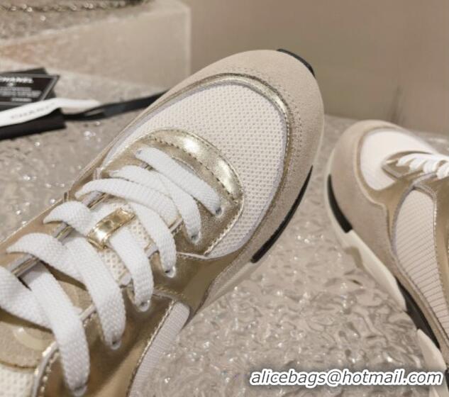 Refined Chanel Calfskin, Suede and Mesh Sneakers with CC Gold/Grey 809114