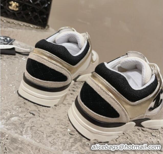 Refined Chanel Calfskin, Suede and Mesh Sneakers with CC Gold/Grey 809114