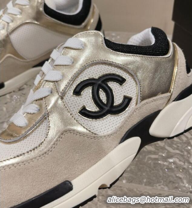 Refined Chanel Calfskin, Suede and Mesh Sneakers with CC Gold/Grey 809114