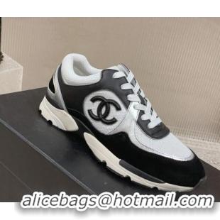 Stylish Chanel Calfskin, Suede and Mesh Sneakers with CC Black/White 809115