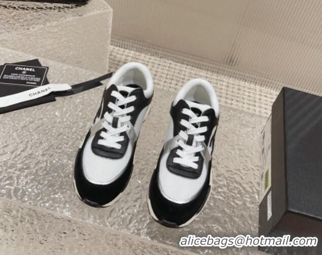 Stylish Chanel Calfskin, Suede and Mesh Sneakers with CC Black/White 809115