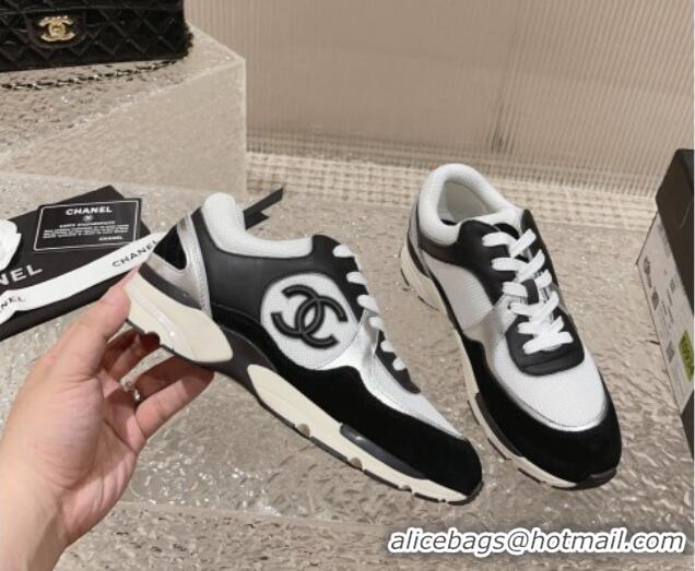 Stylish Chanel Calfskin, Suede and Mesh Sneakers with CC Black/White 809115