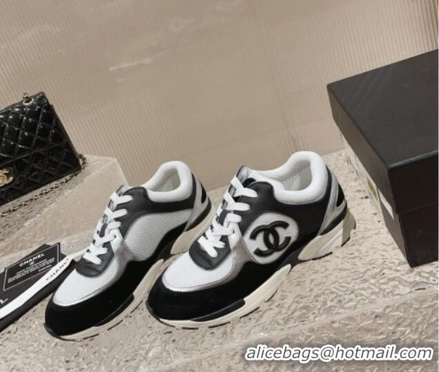 Stylish Chanel Calfskin, Suede and Mesh Sneakers with CC Black/White 809115