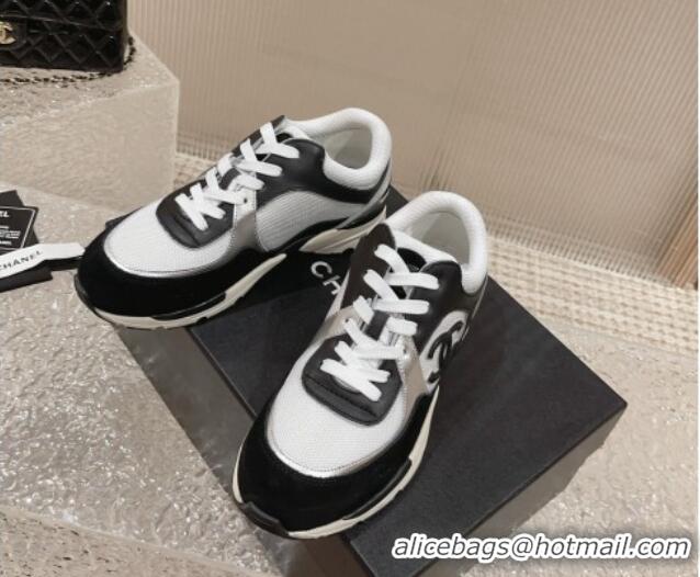 Stylish Chanel Calfskin, Suede and Mesh Sneakers with CC Black/White 809115