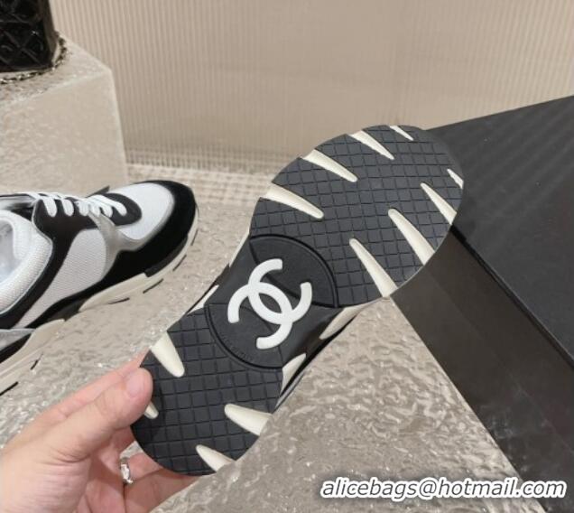 Stylish Chanel Calfskin, Suede and Mesh Sneakers with CC Black/White 809115