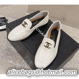 Sophisticated Chanel Calfskin Loafers with Black Beads CC White 809119