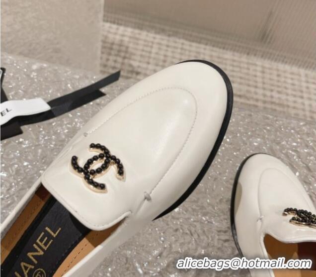 Sophisticated Chanel Calfskin Loafers with Black Beads CC White 809119