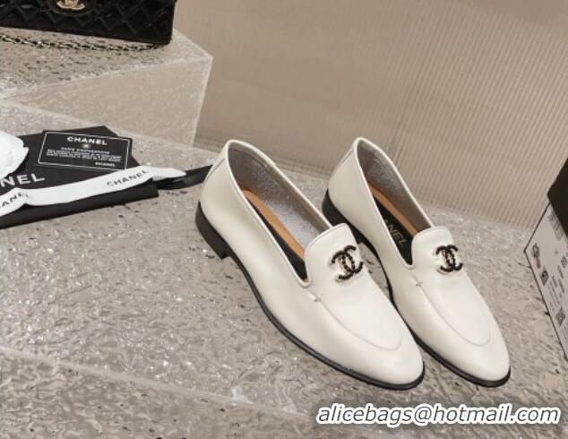 Sophisticated Chanel Calfskin Loafers with Black Beads CC White 809119