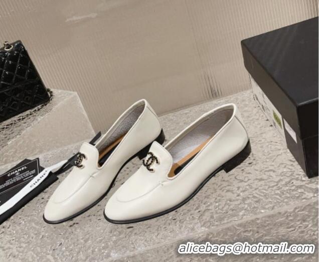 Sophisticated Chanel Calfskin Loafers with Black Beads CC White 809119