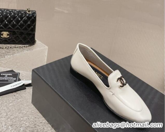 Sophisticated Chanel Calfskin Loafers with Black Beads CC White 809119