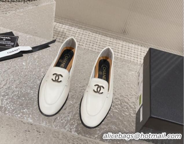 Sophisticated Chanel Calfskin Loafers with Black Beads CC White 809119