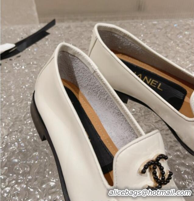 Sophisticated Chanel Calfskin Loafers with Black Beads CC White 809119