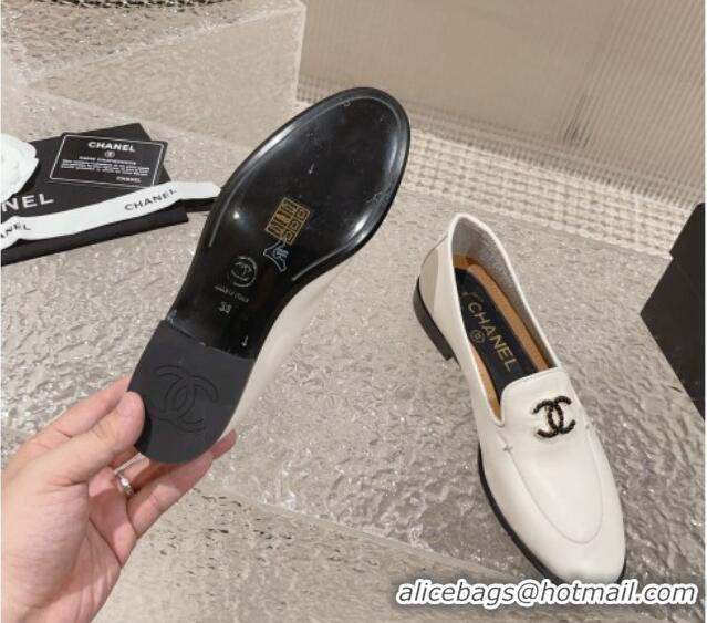 Sophisticated Chanel Calfskin Loafers with Black Beads CC White 809119