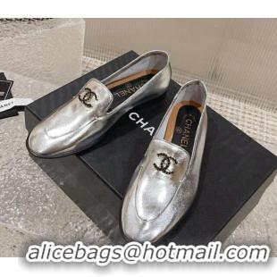 Duplicate Chanel Calfskin Loafers with Black Beads CC Silver 809120