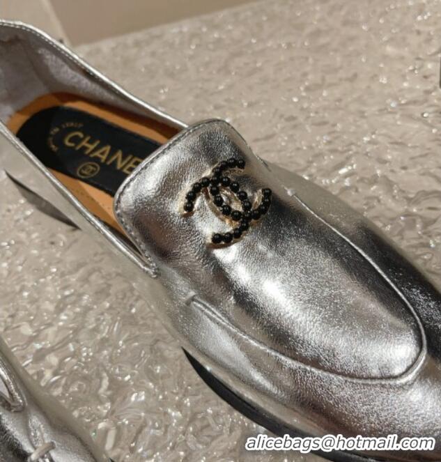 Duplicate Chanel Calfskin Loafers with Black Beads CC Silver 809120