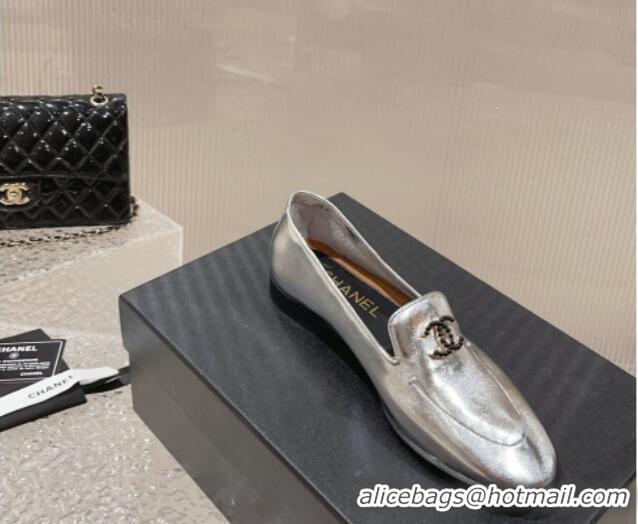 Duplicate Chanel Calfskin Loafers with Black Beads CC Silver 809120