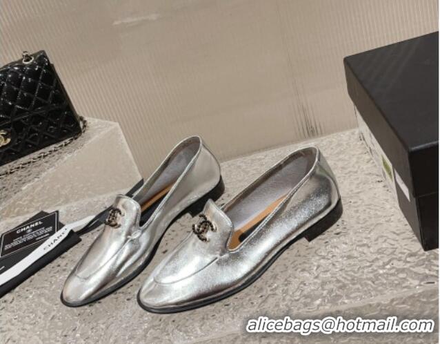 Duplicate Chanel Calfskin Loafers with Black Beads CC Silver 809120