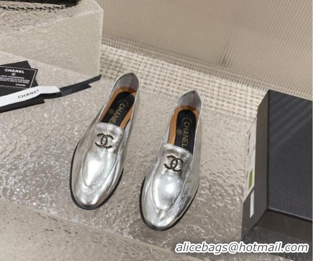 Duplicate Chanel Calfskin Loafers with Black Beads CC Silver 809120