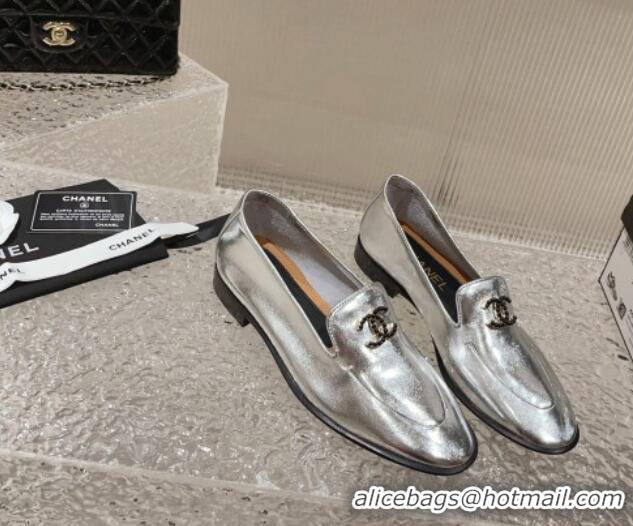 Duplicate Chanel Calfskin Loafers with Black Beads CC Silver 809120