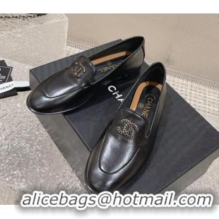 Purchase Chanel Calfskin Loafers with Black Beads CC Black 809121