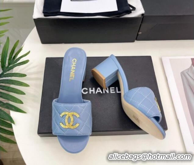 Unique Style Chanel Quilted Lambskin Heel Slide Sandals 6cm Blue 809122