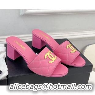 Hot Style Chanel Quilted Lambskin Heel Slide Sandals 6cm Pink 809123