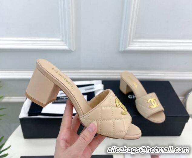 Good Quality Chanel Quilted Lambskin Heel Slide Sandals 6cm Beige 809124