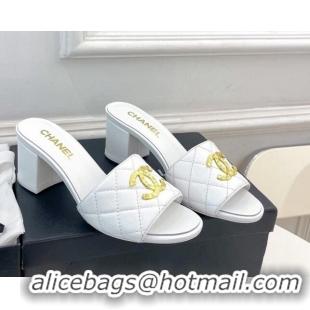 Buy Luxury Chanel Quilted Lambskin Heel Slide Sandals 6cm White 809126