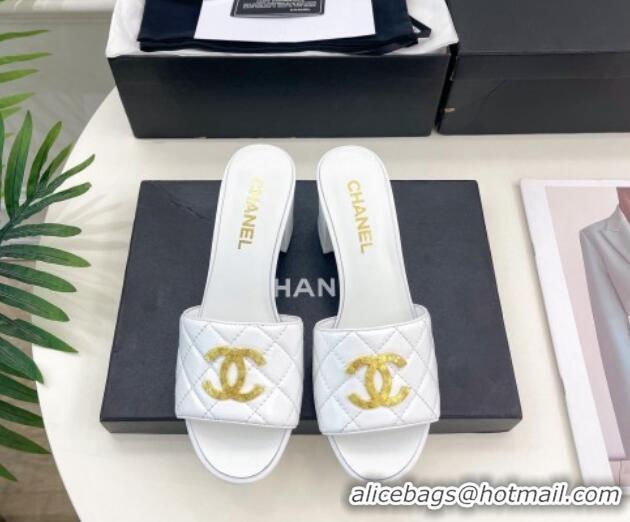 Buy Luxury Chanel Quilted Lambskin Heel Slide Sandals 6cm White 809126