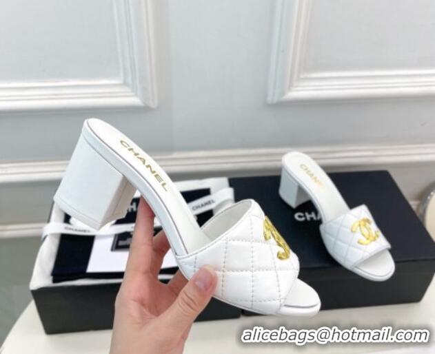 Buy Luxury Chanel Quilted Lambskin Heel Slide Sandals 6cm White 809126