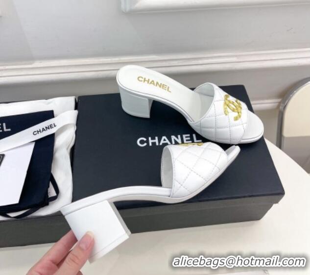 Buy Luxury Chanel Quilted Lambskin Heel Slide Sandals 6cm White 809126