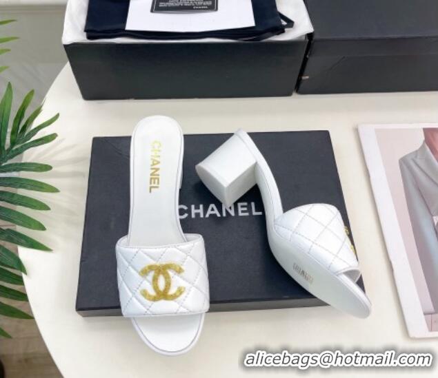 Buy Luxury Chanel Quilted Lambskin Heel Slide Sandals 6cm White 809126