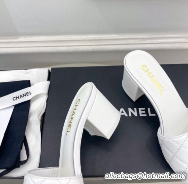 Buy Luxury Chanel Quilted Lambskin Heel Slide Sandals 6cm White 809126