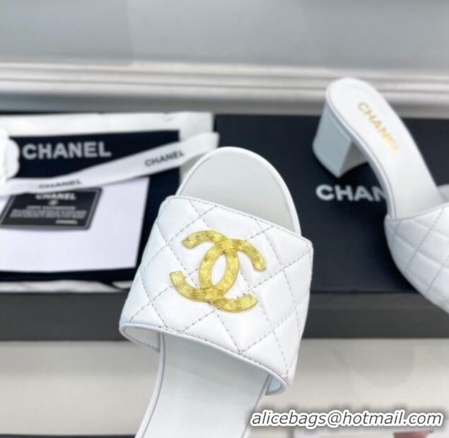 Buy Luxury Chanel Quilted Lambskin Heel Slide Sandals 6cm White 809126