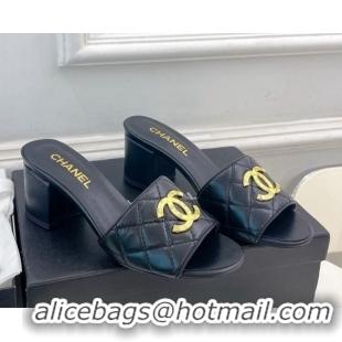 Classic Hot Chanel Quilted Lambskin Heel Slide Sandals 6cm Black 809127