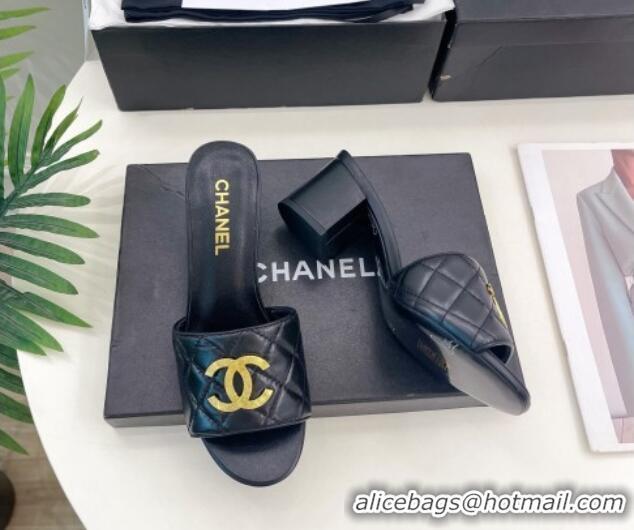 Classic Hot Chanel Quilted Lambskin Heel Slide Sandals 6cm Black 809127