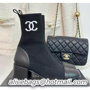 Shop Duplicate Chanel Knit & Calfskin Ankle Boots 4.5cm Black 809129