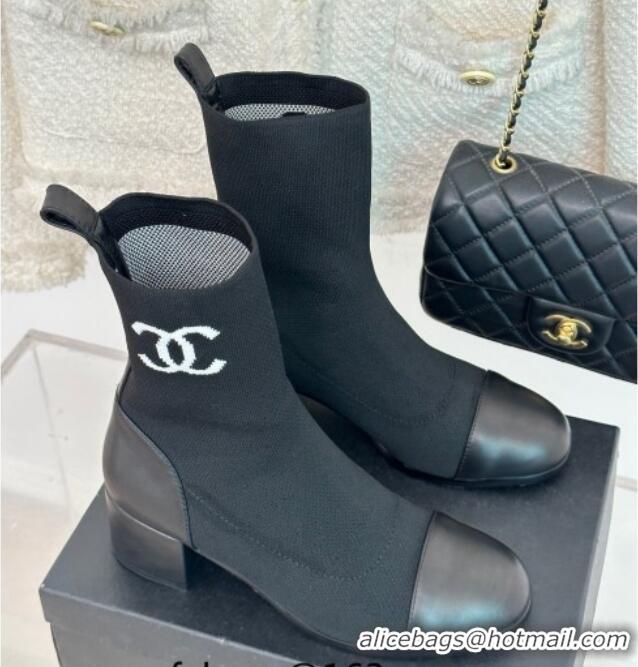 Shop Duplicate Chanel Knit & Calfskin Ankle Boots 4.5cm Black 809129