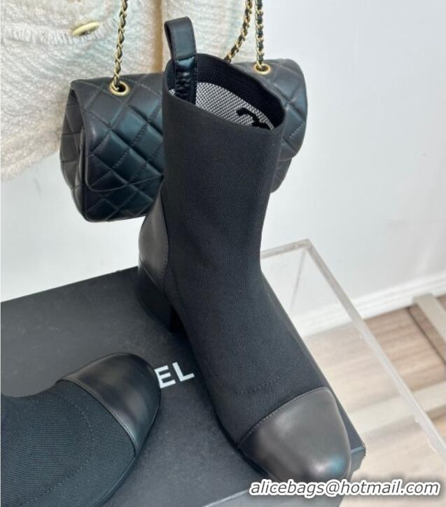 Shop Duplicate Chanel Knit & Calfskin Ankle Boots 4.5cm Black 809129