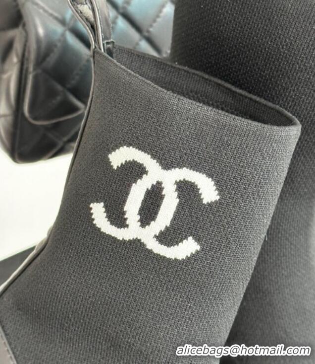 Shop Duplicate Chanel Knit & Calfskin Ankle Boots 4.5cm Black 809129